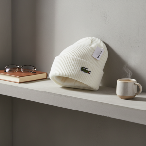 Lacoste Ribbed Knit White Beanie Hat