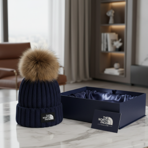 The North Face Navy Knit Fur Pom Beanie Hat
