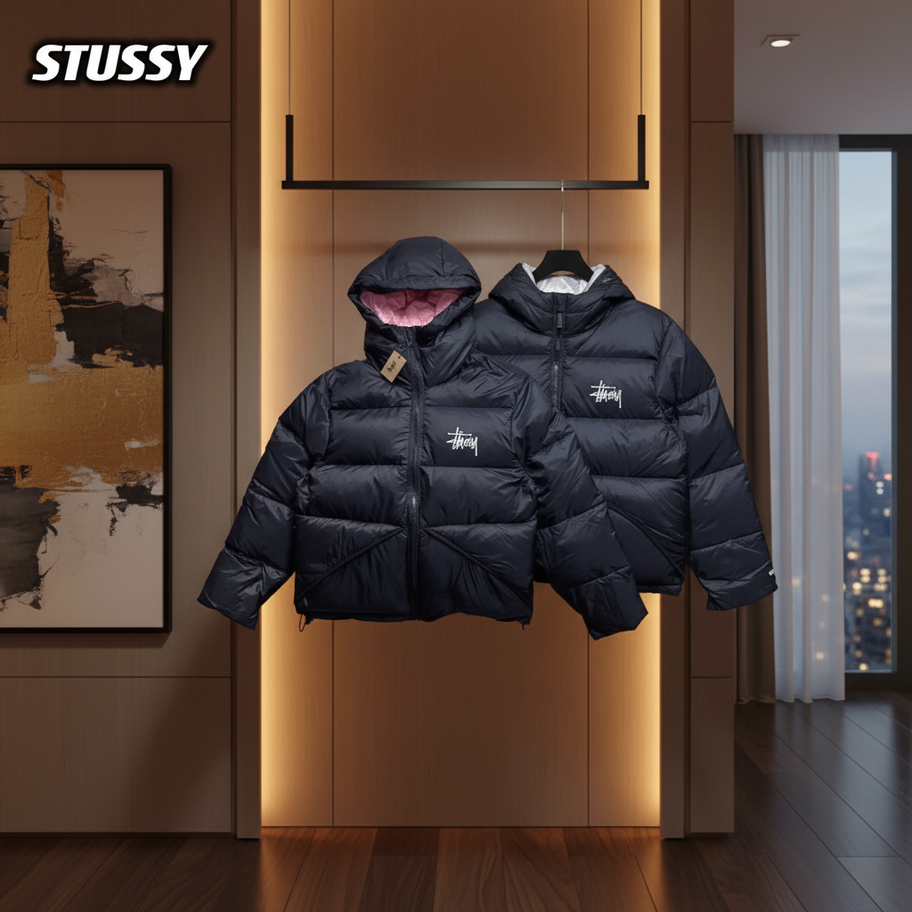 Stussy Winter Puffer Jacket Black Hooded Coat