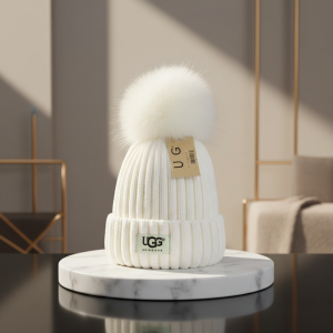 UGG White Knit Beanie Hat with Faux Fur Pom