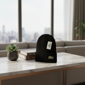 Lacoste Black Knit Beanie Hat for Men