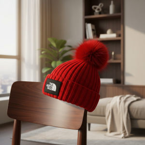 The North Face Red Knit Pom Beanie Hat