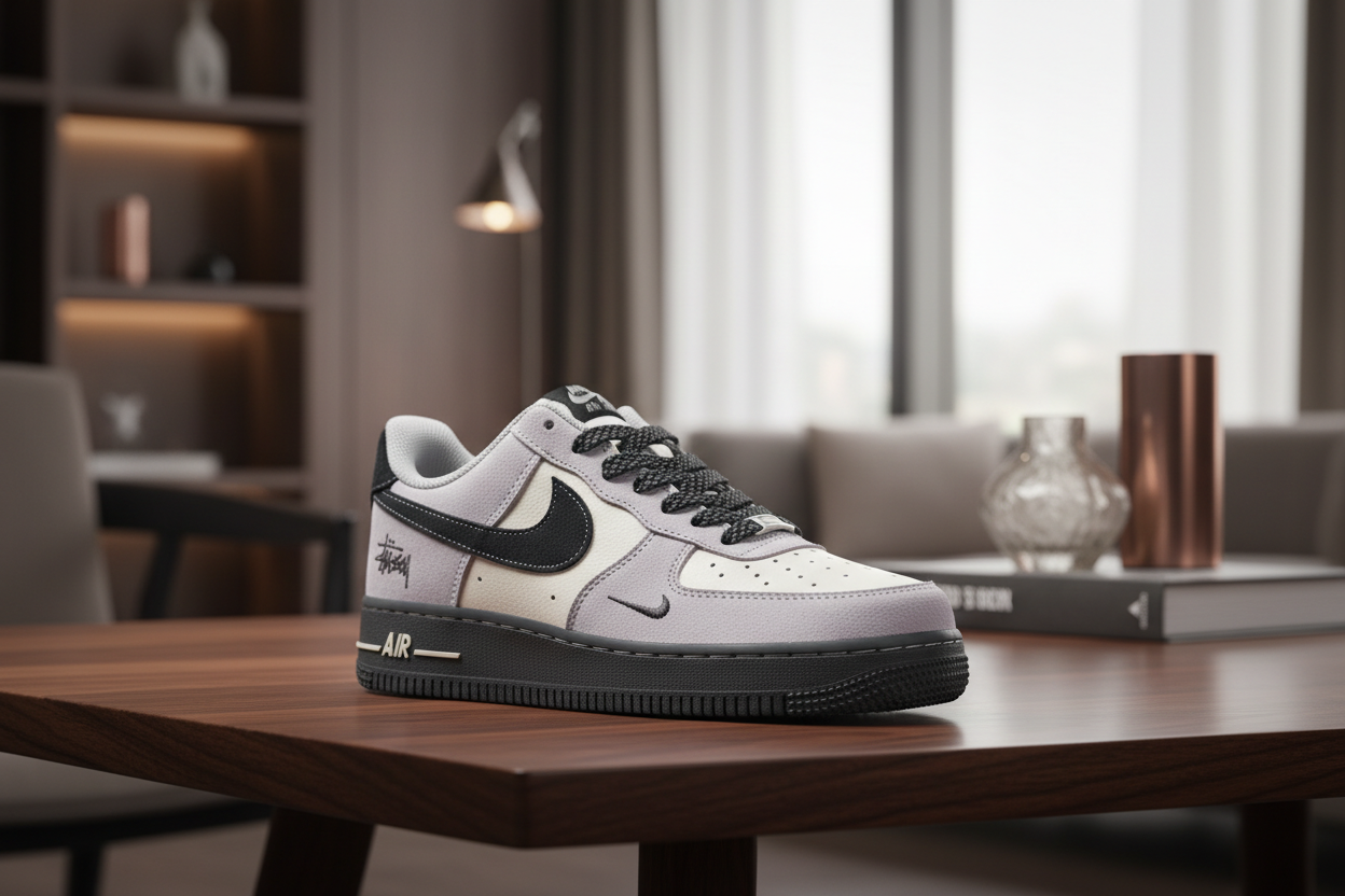 Stussy x Nike Air Force 1 Grey Black Sneakers