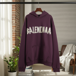 Balenciaga Burgundy Distressed Logo Cotton Hoodie