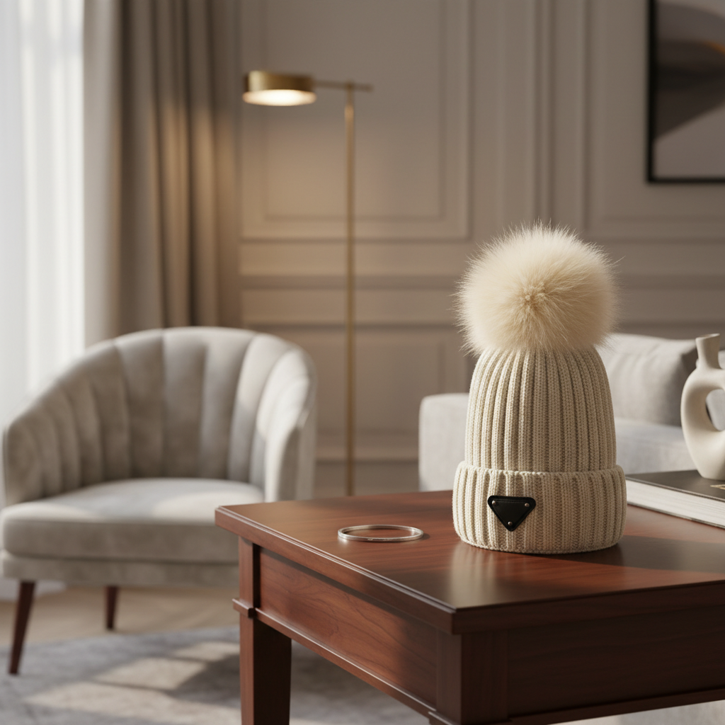 Prada Knit Beanie Hat with Fur Pom Pom Beige