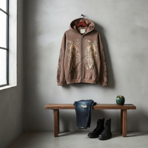 Vintage Brown Totem Print Zip Hoodie Unisex