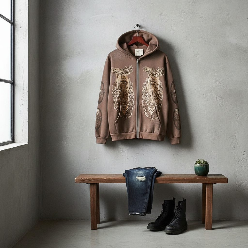 Vintage Brown Totem Print Zip Hoodie Unisex