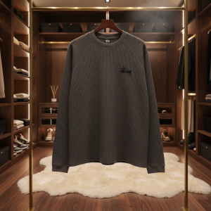 Stussy Waffle Knit Crewneck Long Sleeve Sweater Grey