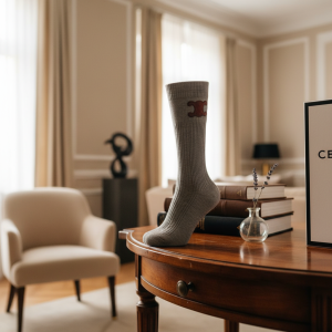 Celine Gray Ribbed High Socks Fashion Accessory