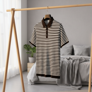 Men’s Black White Striped Polo Shirt Short Sleeve Top