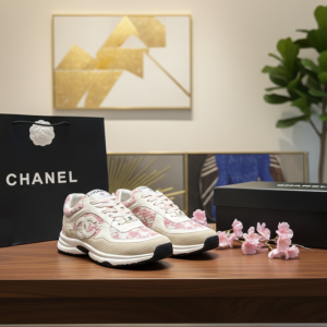 Chanel Pink White Tweed Lambskin Women's Sneakers