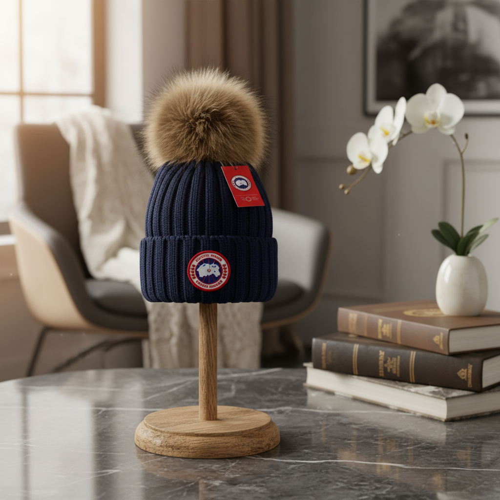 Moncler Navy Knit Fur Pom Beanie Hat