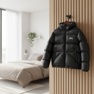 Stussy Black Puffer Jacket Winter Hooded Coat