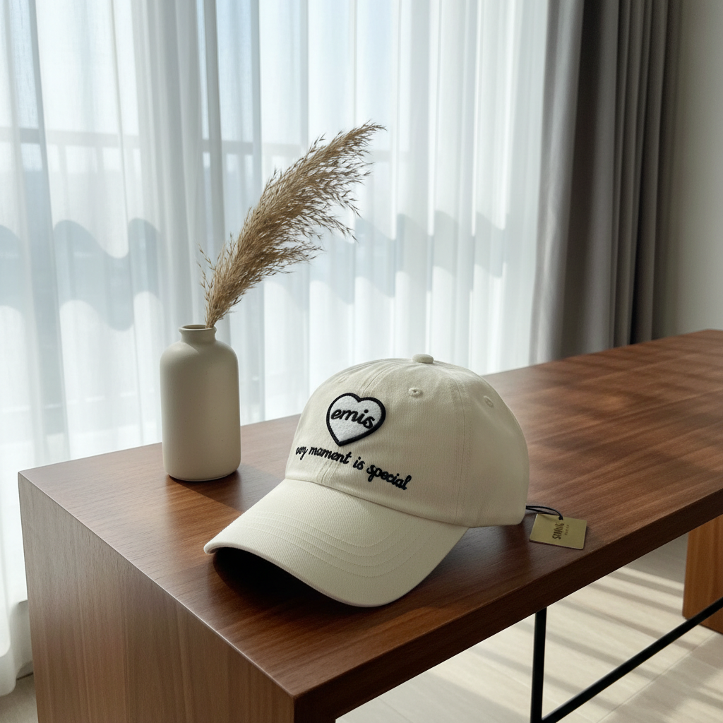 Emis Heart Embroidered Cotton Baseball Cap Beige