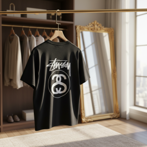 Stussy Black Streetwear Logo Print Cotton T-Shirt