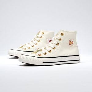Converse High Top Canvas Heart Embroidered White Sneakers