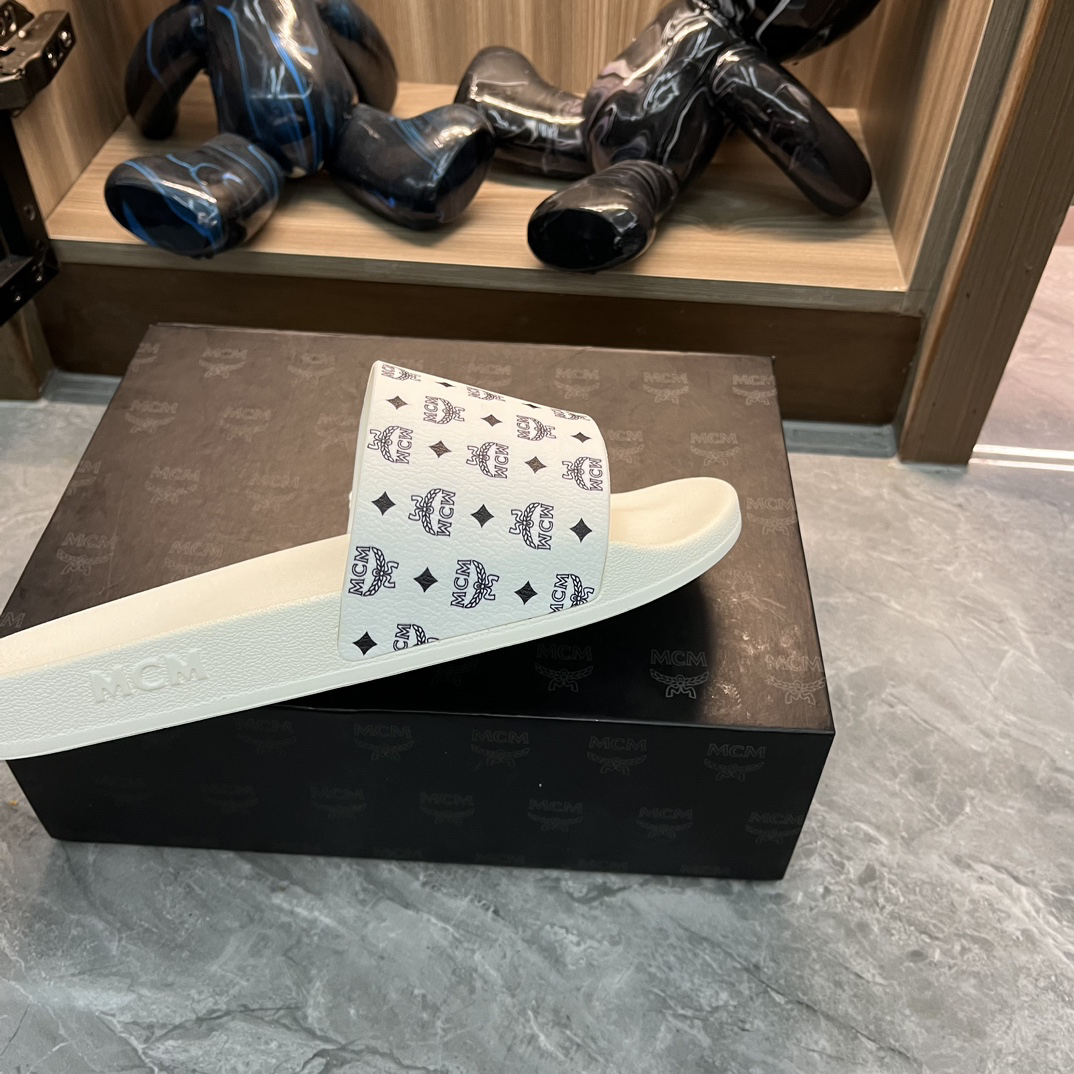 MCM Logo Print White Slide Sandals