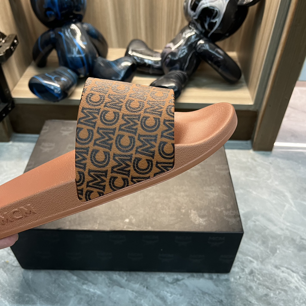 MCM Logo Brown Leather Slide Sandals