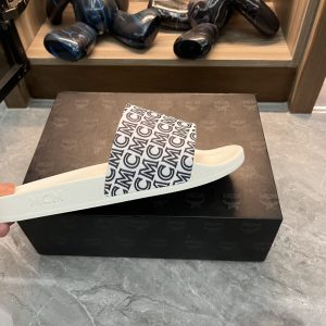 MCM Logo Print White Slide Sandals for Men